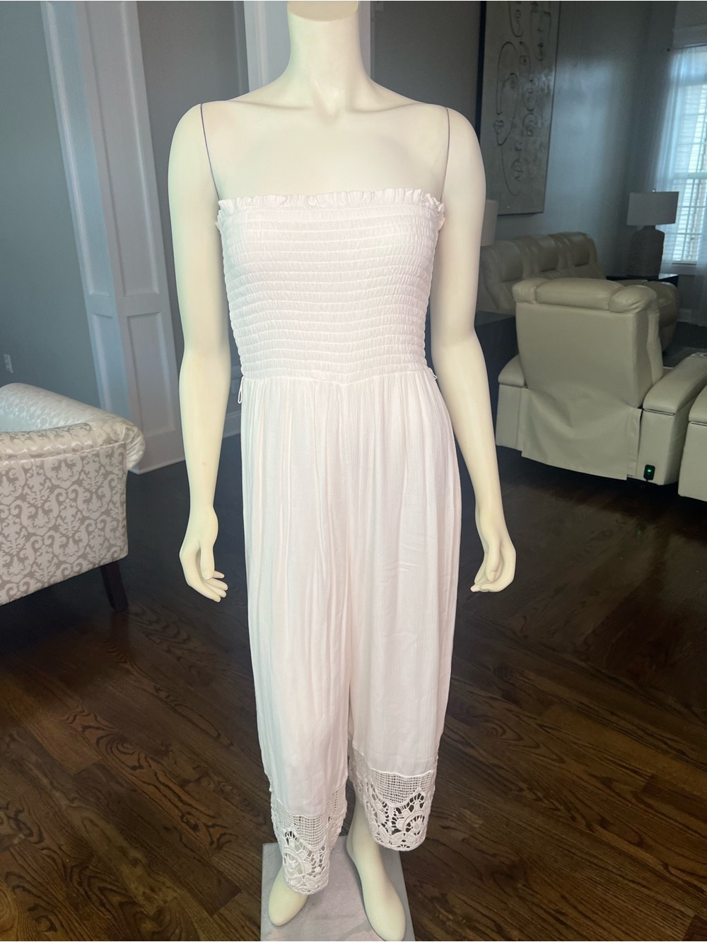 American Eagle Outfitters White Smocked Jumpsuit with Crochet Hem